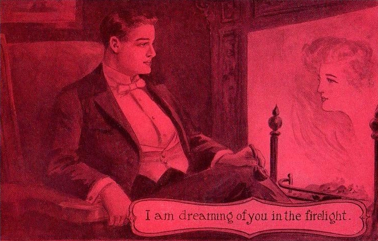 Unknown Artist - postcard image, lover stares into the fire, dreaming of his sweetheartc.1912